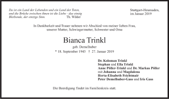 Traueranzeige von Bianca Trinkl von Stuttgarter Zeitung / Stuttgarter Nachrichten