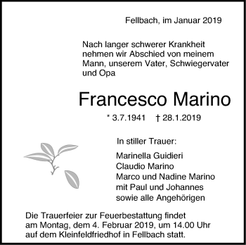 Traueranzeige von Francesco Marino von Stuttgarter Zeitung / Stuttgarter Nachrichten