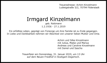 Traueranzeige von Irmgard Kinzelmann von Stuttgarter Zeitung / Stuttgarter Nachrichten