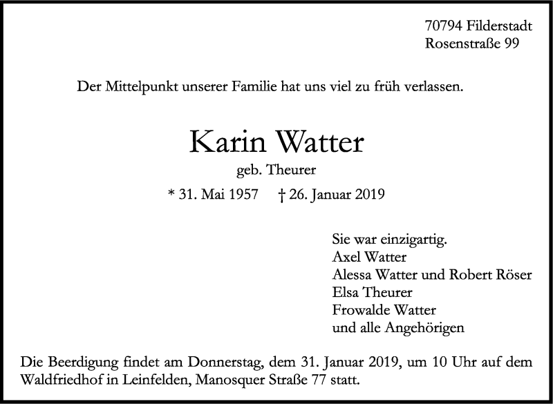  Traueranzeige für Karin Watter vom 29.01.2019 aus Stuttgarter Zeitung / Stuttgarter Nachrichten