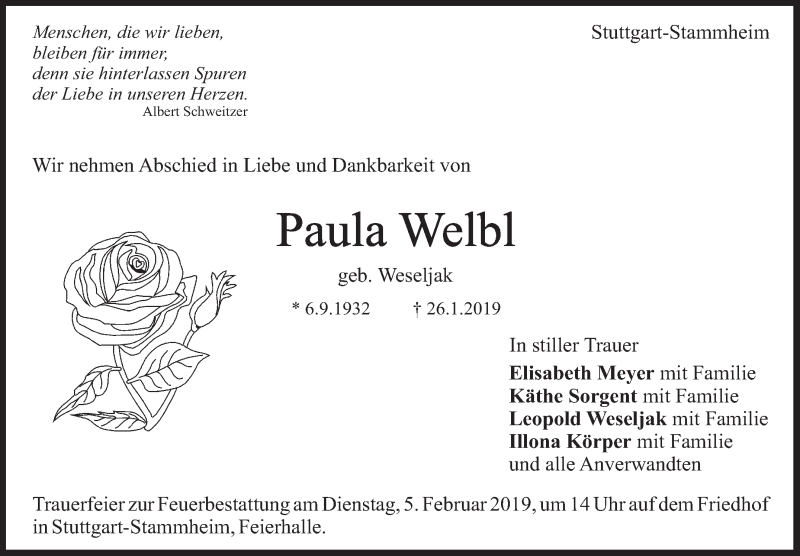  Traueranzeige für Paula Welbl vom 01.02.2019 aus Stuttgarter Zeitung / Stuttgarter Nachrichten