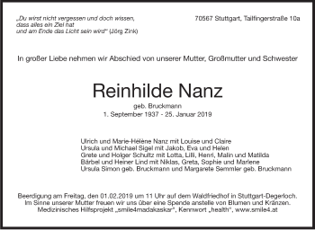 Traueranzeige von Reinhilde Nanz von Stuttgarter Zeitung / Stuttgarter Nachrichten