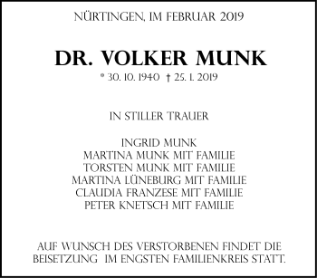 Traueranzeige von Volker Munk von Stuttgarter Zeitung / Stuttgarter Nachrichten
