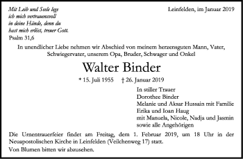Traueranzeige von Walter Binder von Stuttgarter Zeitung / Stuttgarter Nachrichten