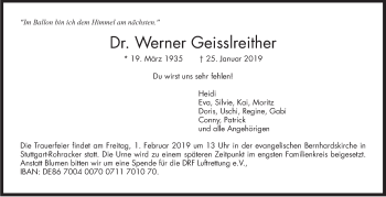 Traueranzeige von Werner Geisslreither von Stuttgarter Zeitung / Stuttgarter Nachrichten