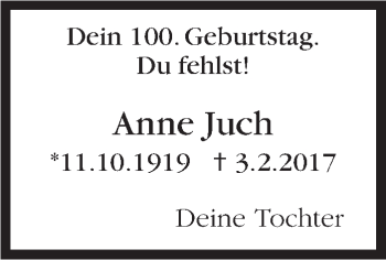 Traueranzeige von Anne Juch von Stuttgarter Zeitung / Stuttgarter Nachrichten