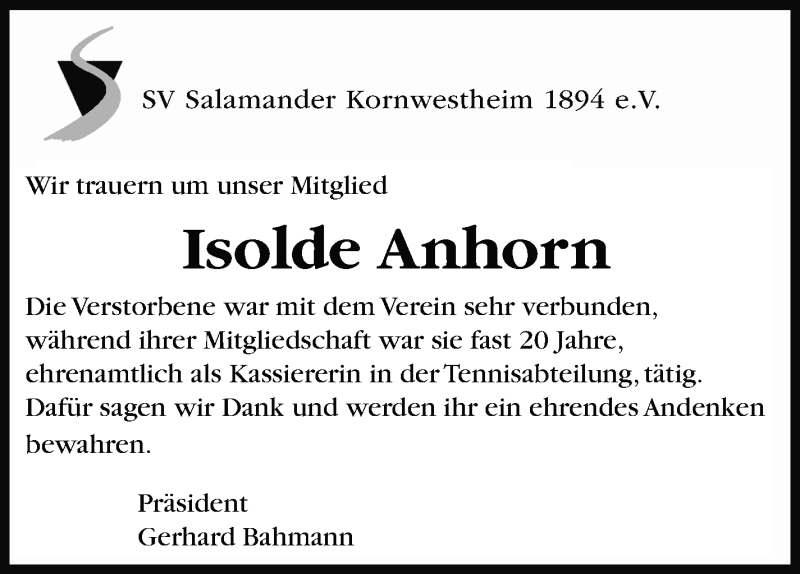  Traueranzeige für Isolde  Anhorn vom 30.11.2019 aus Stuttgarter Zeitung / Stuttgarter Nachrichten