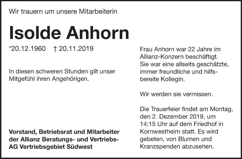  Traueranzeige für Isolde  Anhorn vom 29.11.2019 aus Stuttgarter Zeitung / Stuttgarter Nachrichten