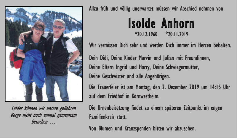  Traueranzeige für Isolde  Anhorn vom 26.11.2019 aus Stuttgarter Zeitung / Stuttgarter Nachrichten