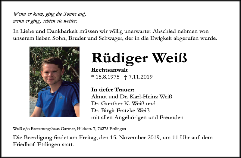  Traueranzeige für Rüdiger Weiß vom 13.11.2019 aus Stuttgarter Zeitung / Stuttgarter Nachrichten