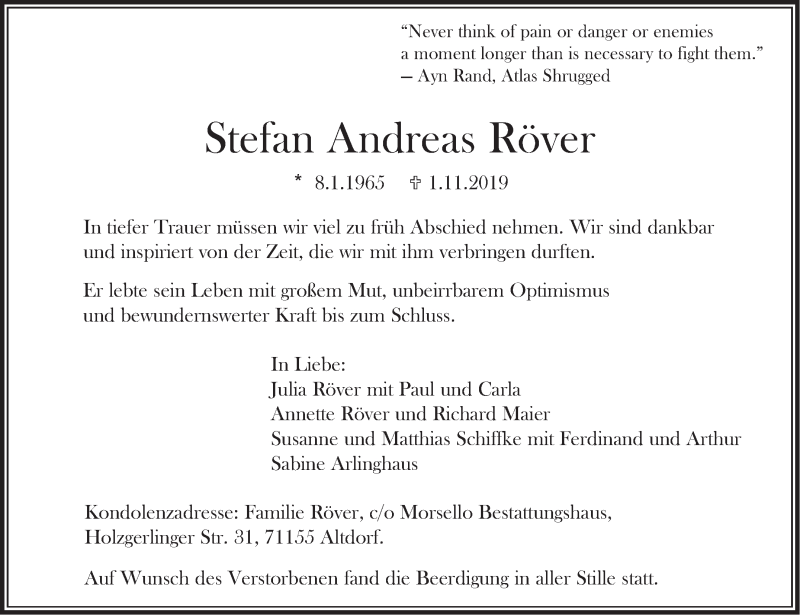  Traueranzeige für Stefan Andreas Röver vom 09.11.2019 aus Stuttgarter Zeitung / Stuttgarter Nachrichten