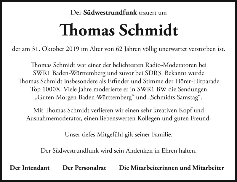  Traueranzeige für Thomas Schmidt vom 09.11.2019 aus Stuttgarter Zeitung / Stuttgarter Nachrichten