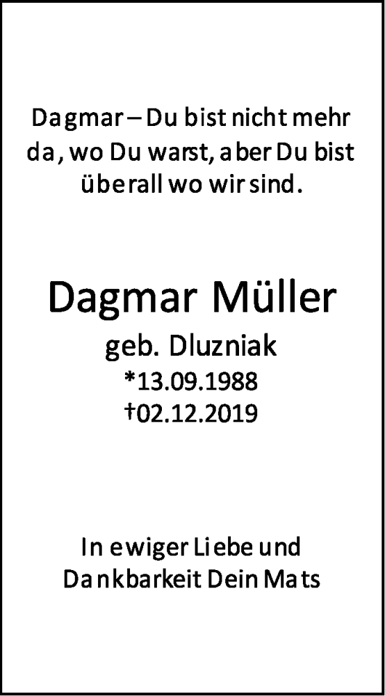  Traueranzeige für Dagmar Müller vom 07.12.2019 aus Stuttgarter Zeitung / Stuttgarter Nachrichten