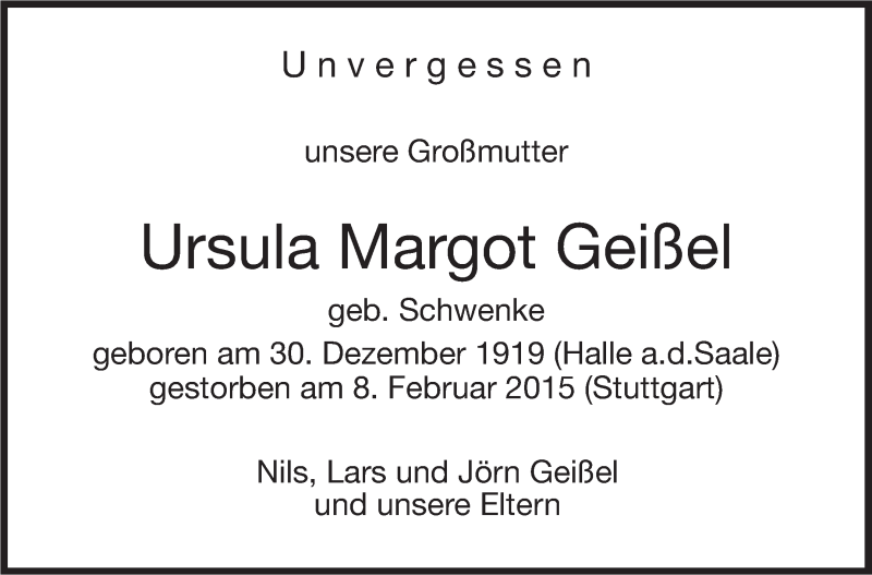  Traueranzeige für Ursula Margot Geißel vom 30.12.2019 aus Stuttgarter Zeitung / Stuttgarter Nachrichten