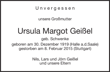 Traueranzeige von Ursula Margot Geißel von Stuttgarter Zeitung / Stuttgarter Nachrichten