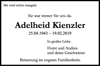 Traueranzeige von Adelheid Kienzler von Stuttgarter Zeitung / Stuttgarter Nachrichten