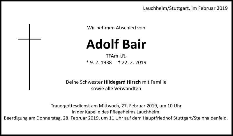  Traueranzeige für Adolf Bair vom 25.02.2019 aus Stuttgarter Zeitung / Stuttgarter Nachrichten