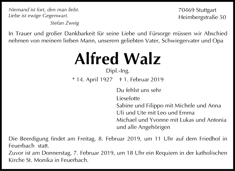  Traueranzeige für Alfred Walz vom 05.02.2019 aus Stuttgarter Zeitung / Stuttgarter Nachrichten