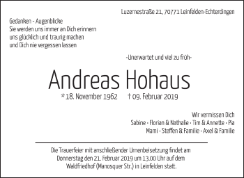 Traueranzeige von Andreas Hohaus von Stuttgarter Zeitung / Stuttgarter Nachrichten