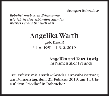 Traueranzeige von Angelika Warth von Stuttgarter Zeitung / Stuttgarter Nachrichten