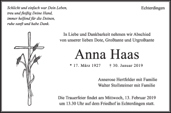 Traueranzeige von Anna Haas von Stuttgarter Zeitung / Stuttgarter Nachrichten