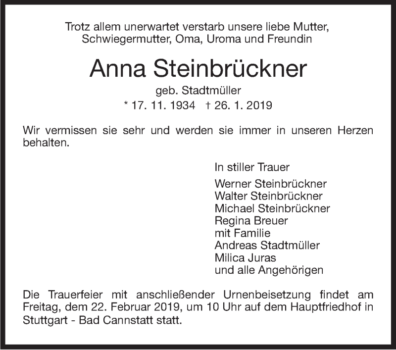  Traueranzeige für Anna Steinbrückner vom 16.02.2019 aus Stuttgarter Zeitung / Stuttgarter Nachrichten