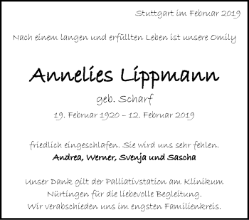 Traueranzeige von Annelies Lippmann von Stuttgarter Zeitung / Stuttgarter Nachrichten