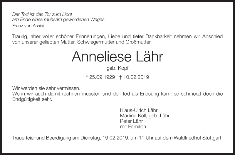  Traueranzeige für Anneliese Lähr vom 15.02.2019 aus Stuttgarter Zeitung / Stuttgarter Nachrichten
