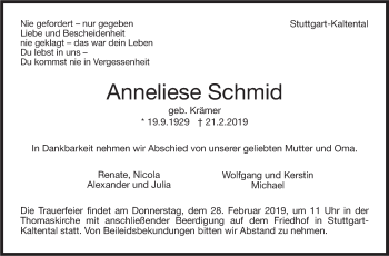 Traueranzeige von Anneliese Schmid von Stuttgarter Zeitung / Stuttgarter Nachrichten