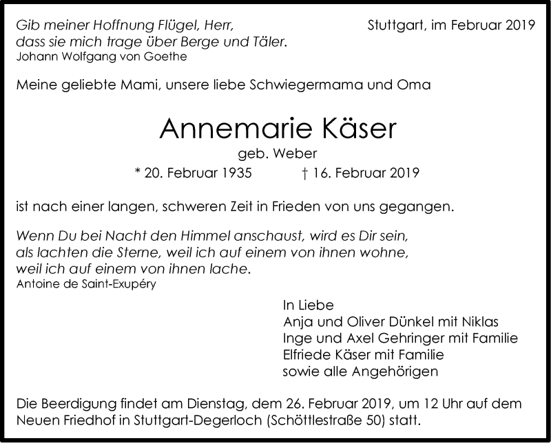 Traueranzeige für Annemarie Käser vom 22.02.2019 aus Stuttgarter Zeitung / Stuttgarter Nachrichten