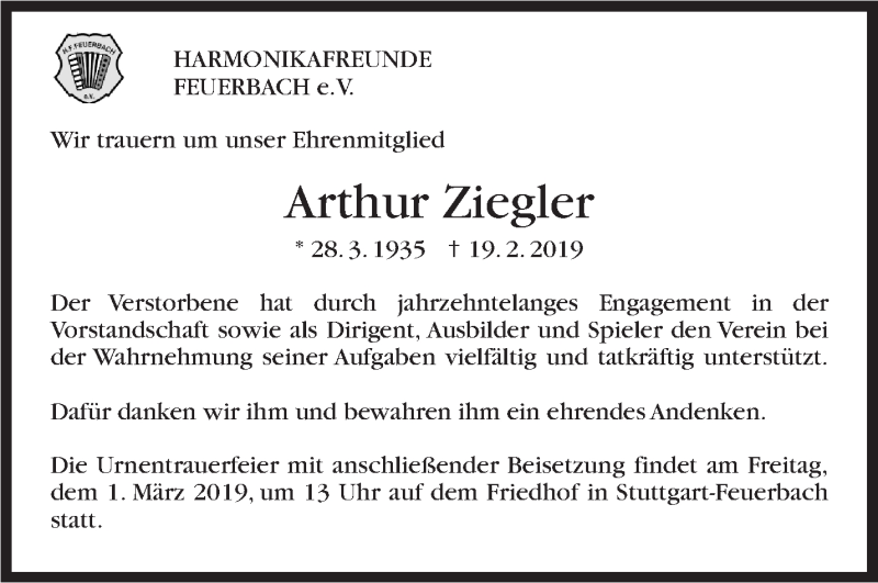  Traueranzeige für Arthur Ziegler vom 27.02.2019 aus Stuttgarter Zeitung / Stuttgarter Nachrichten