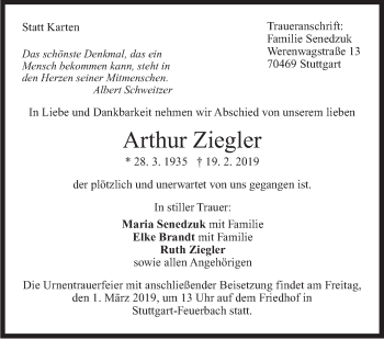 Traueranzeige von Arthur Ziegler von Stuttgarter Zeitung / Stuttgarter Nachrichten