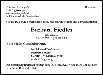 Traueranzeige von Barbara Fiedler von Stuttgarter Zeitung / Stuttgarter Nachrichten