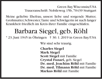 Traueranzeige von Barbara Siegel von Stuttgarter Zeitung / Stuttgarter Nachrichten