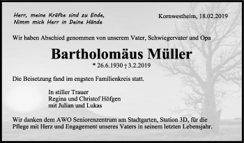 Traueranzeige von Bartholomäus Müller von Stuttgarter Zeitung / Stuttgarter Nachrichten