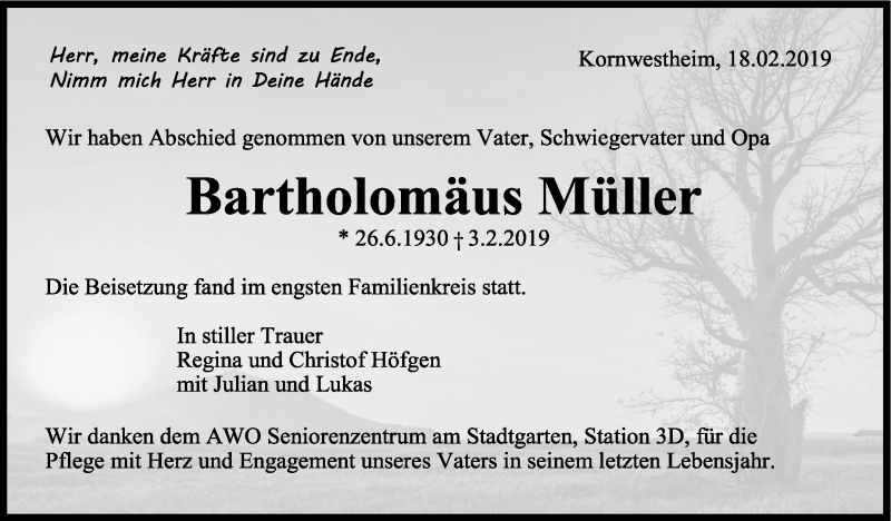  Traueranzeige für Bartholomäus Müller vom 18.02.2019 aus Stuttgarter Zeitung / Stuttgarter Nachrichten