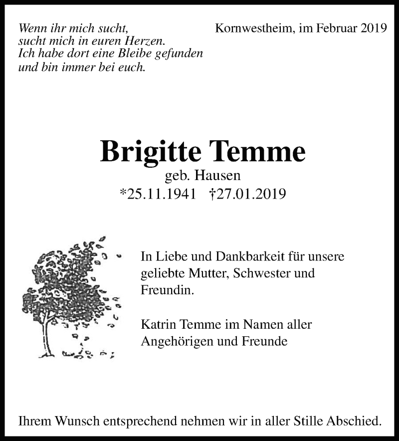  Traueranzeige für Brigitte Temme vom 16.02.2019 aus Stuttgarter Zeitung / Stuttgarter Nachrichten