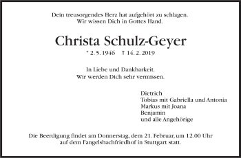 Traueranzeige von Christa Schulz-Geyer von Stuttgarter Zeitung / Stuttgarter Nachrichten