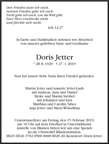 Traueranzeige von Doris Jetter von Stuttgarter Zeitung / Stuttgarter Nachrichten