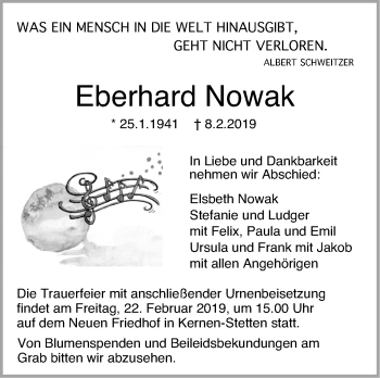 Traueranzeige von Eberhard Nowak von Stuttgarter Zeitung / Stuttgarter Nachrichten