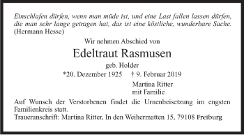 Traueranzeige von Edeltraut Rasmusen von Stuttgarter Zeitung / Stuttgarter Nachrichten