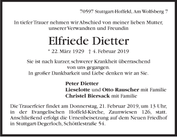Traueranzeige von Elfriede Dietter von Stuttgarter Zeitung / Stuttgarter Nachrichten