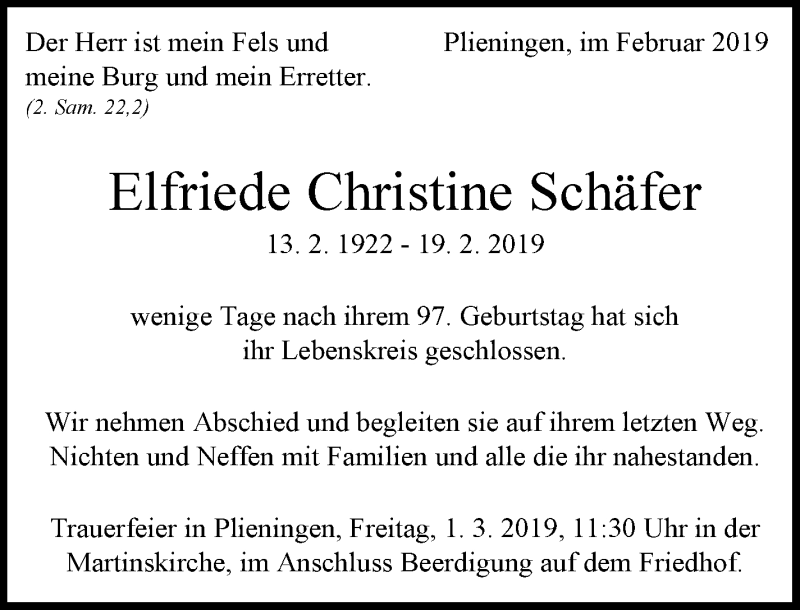  Traueranzeige für Elfriede Christine Schäfer vom 23.02.2019 aus Stuttgarter Zeitung / Stuttgarter Nachrichten