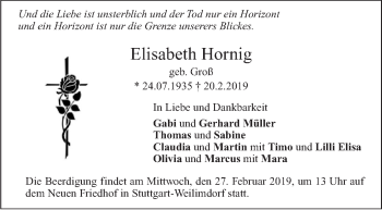 Traueranzeige von Elisabeth Hornig von Stuttgarter Zeitung / Stuttgarter Nachrichten