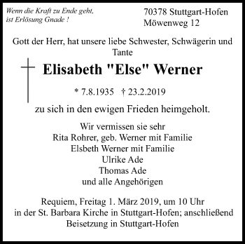 Traueranzeige von Elisabeth Werner von Stuttgarter Zeitung / Stuttgarter Nachrichten
