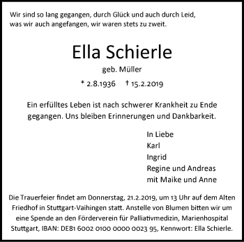 Traueranzeige von Ella Schierle von Stuttgarter Zeitung / Stuttgarter Nachrichten