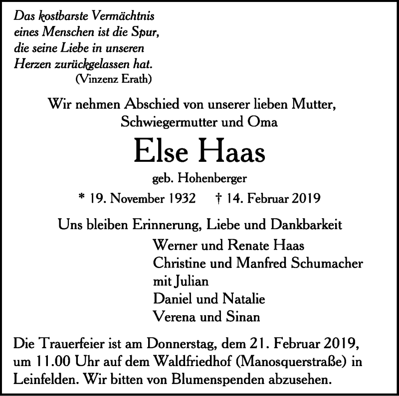  Traueranzeige für Else Haas vom 19.02.2019 aus Stuttgarter Zeitung / Stuttgarter Nachrichten