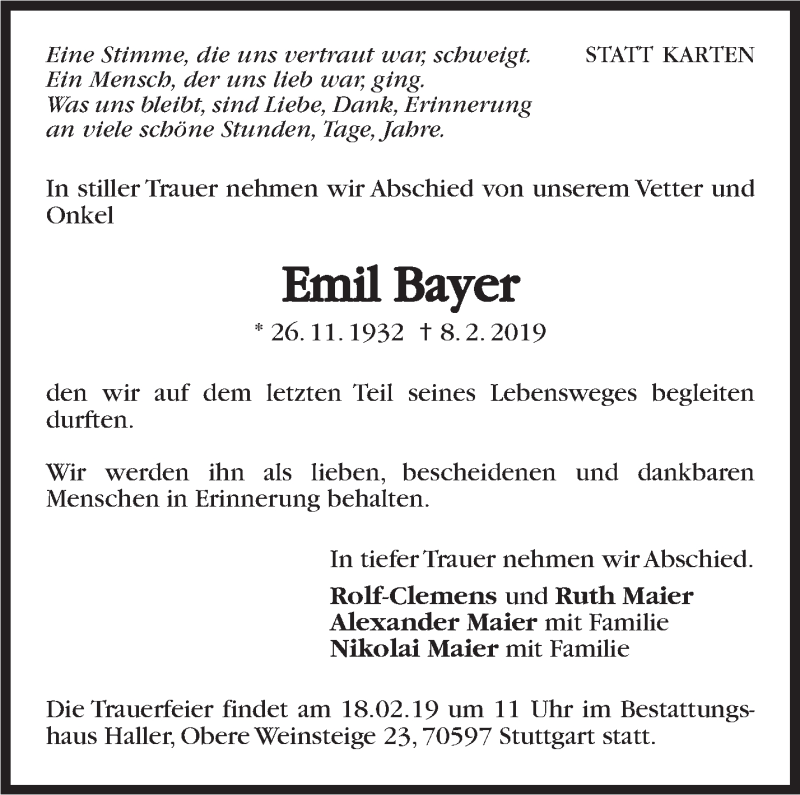  Traueranzeige für Emil Bayer vom 15.02.2019 aus Stuttgarter Zeitung / Stuttgarter Nachrichten