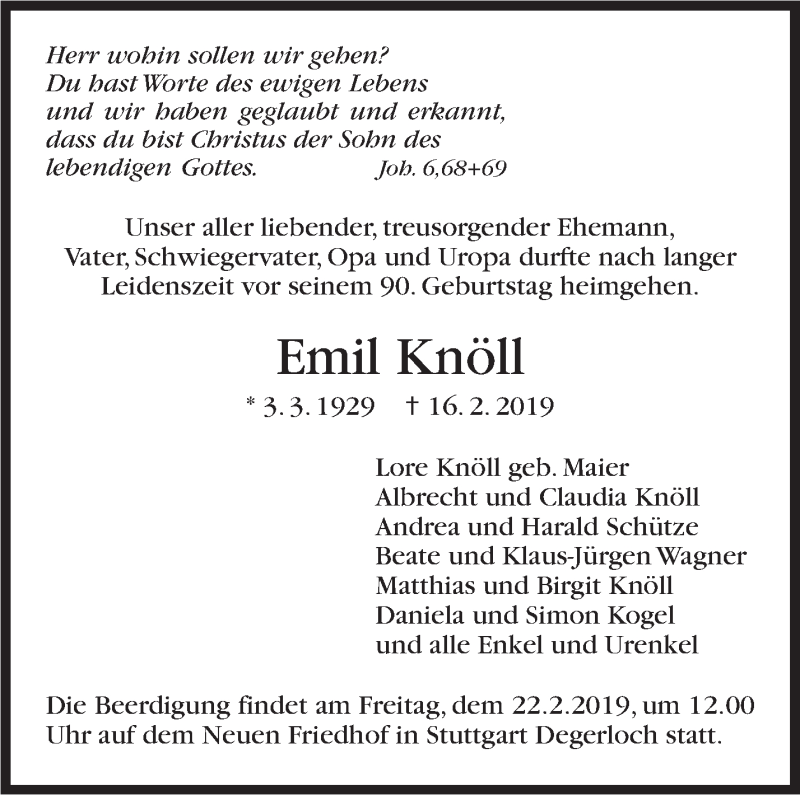  Traueranzeige für Emil Knöll vom 20.02.2019 aus Stuttgarter Zeitung / Stuttgarter Nachrichten