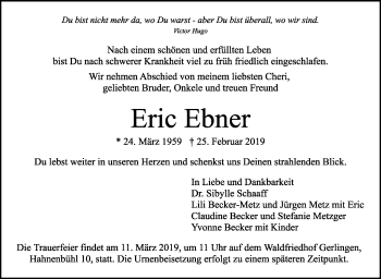 Traueranzeige von Eric Ebner von Stuttgarter Zeitung / Stuttgarter Nachrichten